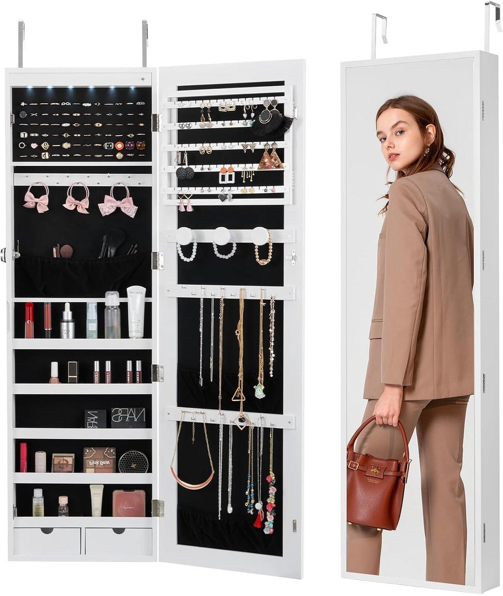 Sieradenkast met spiegel - Opbergkast - Sieraden organiseren - Sleutelloos slot - 47 inch - Wit