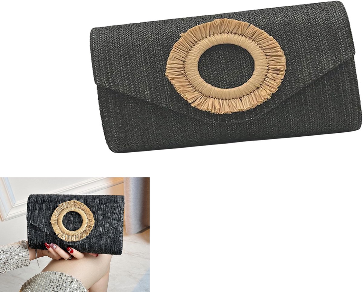 KZQ Stro envelop clutch en crossbody tas voor dames - Geweven handtas voor zomer strand en avond - Lichtgewicht en stijlvol - Zwart