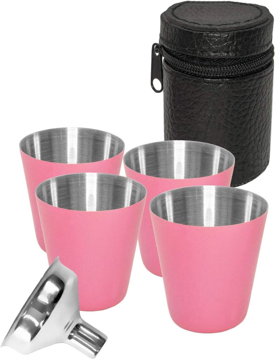 roestvrij stalen drinkbekerset, 4-delig, met leren tas en vultrechter, roze