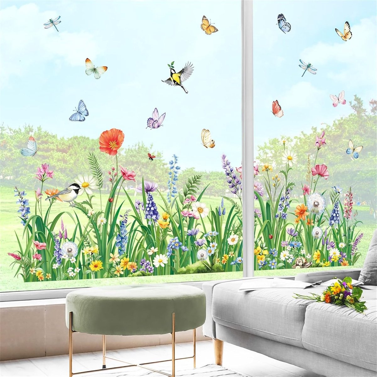 Raamstickers met lentebloemen, gras, wilde bloemen, vlinders, raamdecoratie, anti-botsing raam- en deurstickers