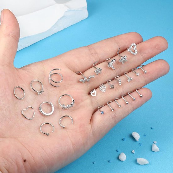 26 Stuks 20G Neus Ring Neus Stud Chirurgisch Staal Neus Piercings Set CZ Glanzend Septum Piercing Vlinder Slang Neus Studs Piercing Neus Ringen Goud Silver Neus Piercings Sieraden — afbeelding 4