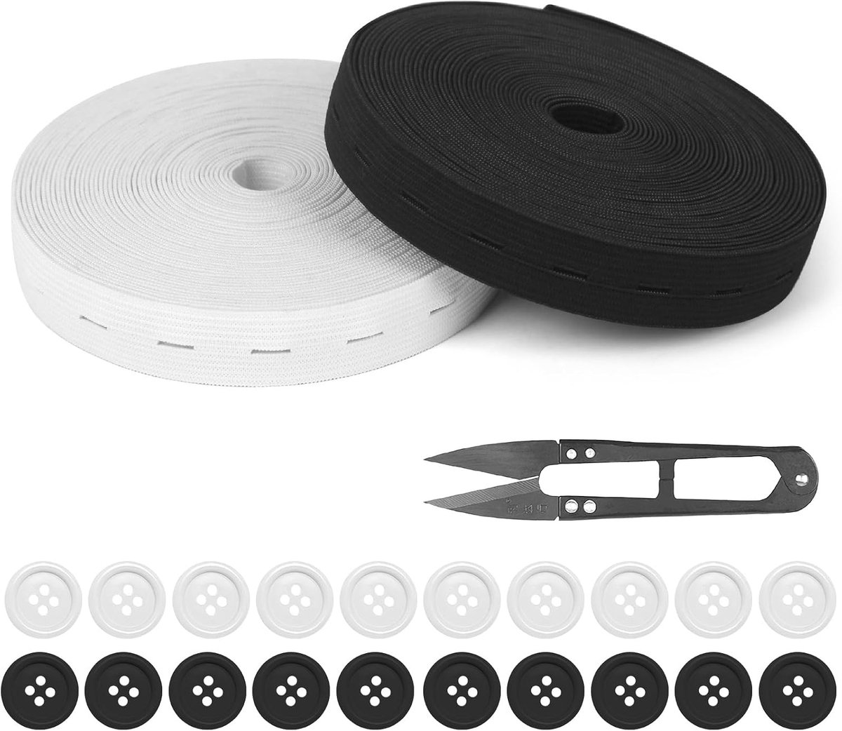 Elastische band breedte 20 mm en 20 knopen met een schaar, elastische band voor broekrok, hoofdband, knopen, taillespanner voor kleding, pruik, riem