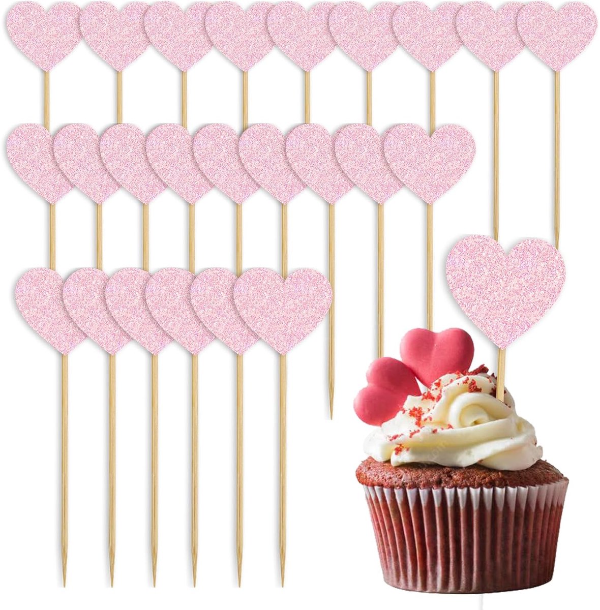 decoratie verjaardag, 24 stuks glitter hart cupcake topper, muffin decoratie cupcake topper, harten topper cupcake, liefde hart cupcake toppers, voor bruiloft feest verjaardag Valentijnsdag