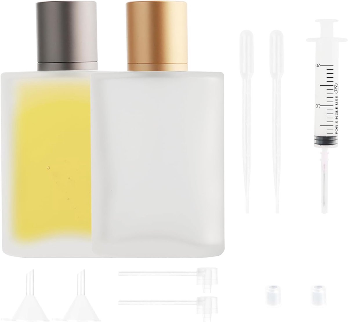 2 stuks 100 ml parfumverstuiver, navulbaar, draagbaar, glazen verstuiver, navulbaar, met parfumdispenser en trechter, voor reizen, cosmetica (goud + zilver)