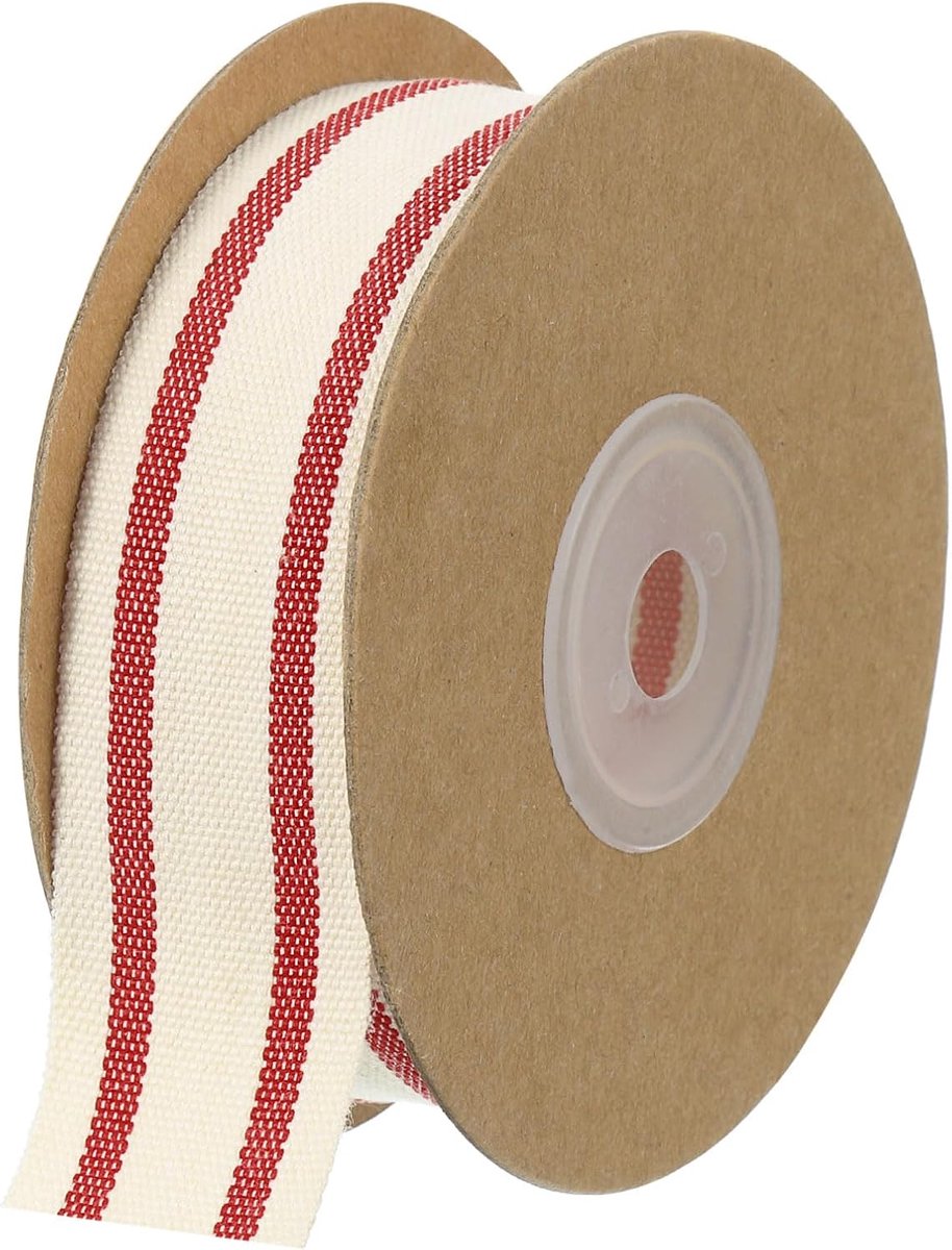 Natuurlijk katoenen lint 2,5 cm x 9,1 m katoenen stoffen band rol natuur met rood ripslint voor geschenkverpakking doe-het-zelf handwerk slijpen creatie