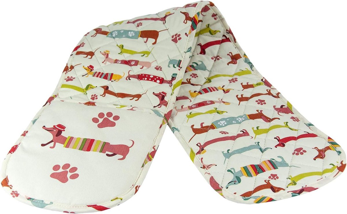 DOG GIFT COMPANY Dubbele Ovenhandschoenen met Kleurrijke Teckel Print – Hittebestendige 100% Katoen Lange Ovenwanten | Keuken Cadeau voor Dames en Hondenliefhebbers, 87x18cm