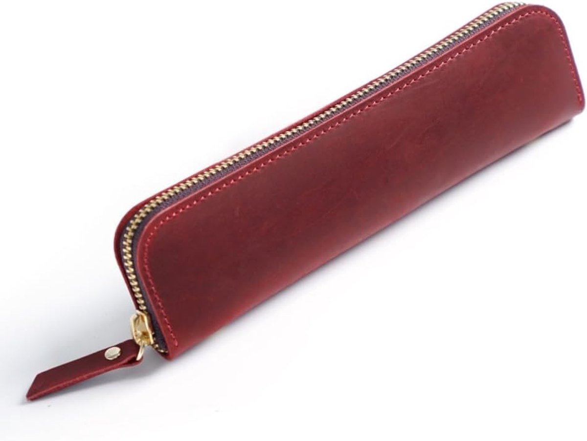 Lederen etui, vintage etui, pennenetui, retro pennenetui met 4 pennenlussen en ritssluiting voor balpen, vulpen, penseel enz., wijnrood