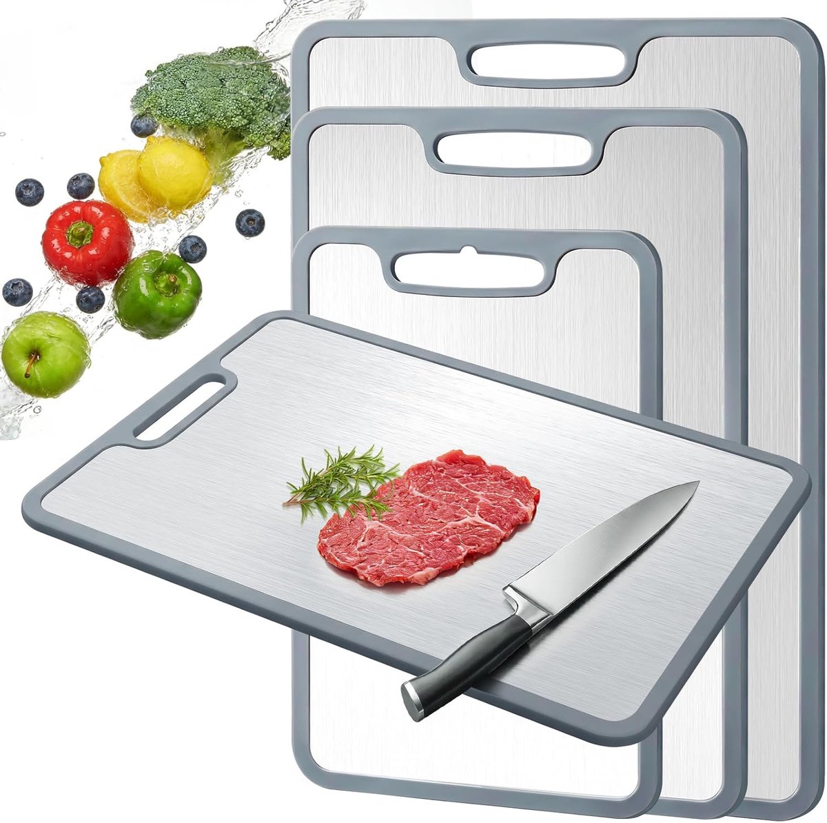 3 stuks snijplanken, titanium set, snijplank roestvrij staal met antislip siliconen hoeken, dubbelzijdig en BPA-vrij, roestvrij staal snijplank voor groenten, vlees, fruit, brood, vis, kaas