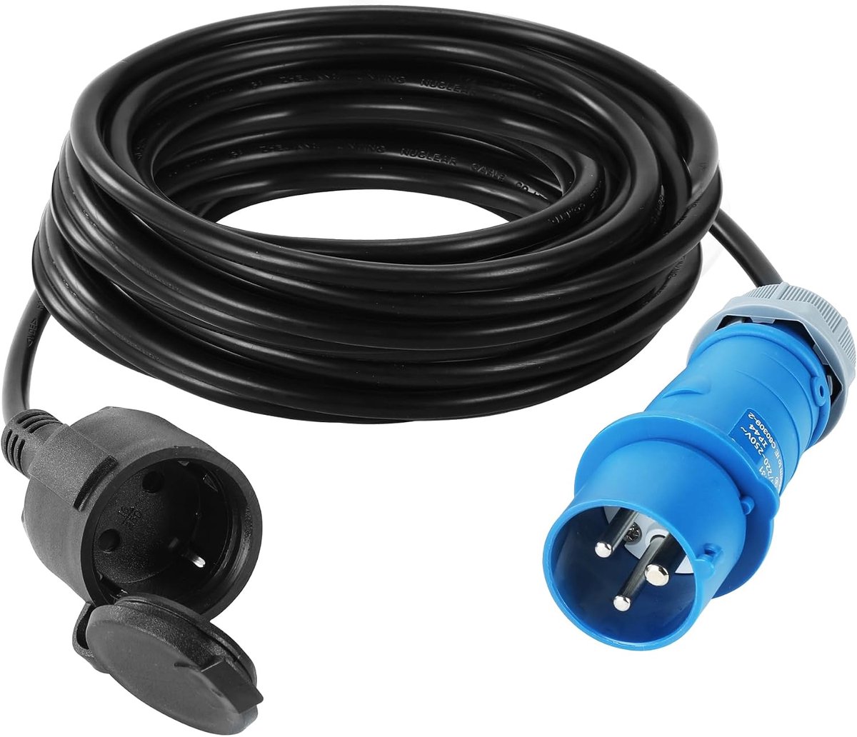 5M CEE-adapterkabel, 230V/16A CEE-adapter, 3-polige CEE-kabel, verlengkabel met CEE-hoekkoppeling, campingstroomadapter, campingstekkeradapter, outdoor stroomkabel