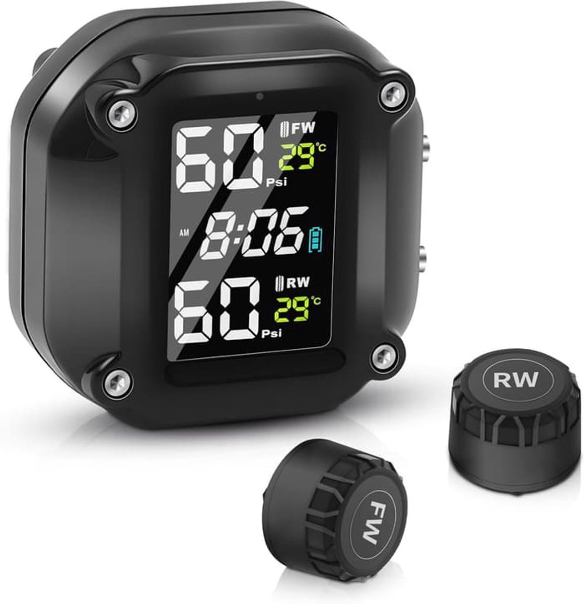 Bandenspanningscontrolesysteem (TPMS): IPX7 waterdicht bandenspanningscontrolesysteem met 4 externe sensoren.
