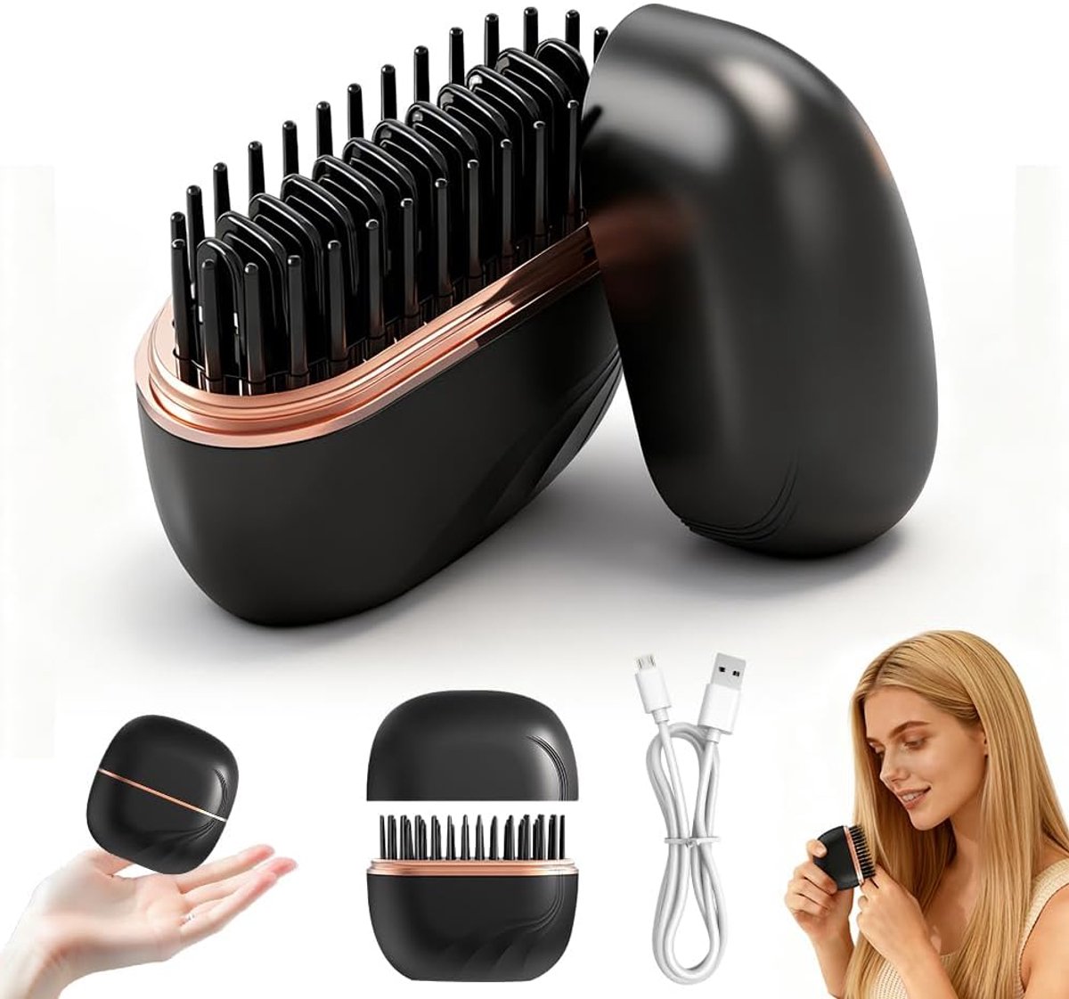 Hair Straightener Brush, mini stijltang, draadloos, reisstijltang, stijlborstel, draadloos, hittestyler USB voor vrouwen, thuis, vakantie, roadtrip dating (zwart)