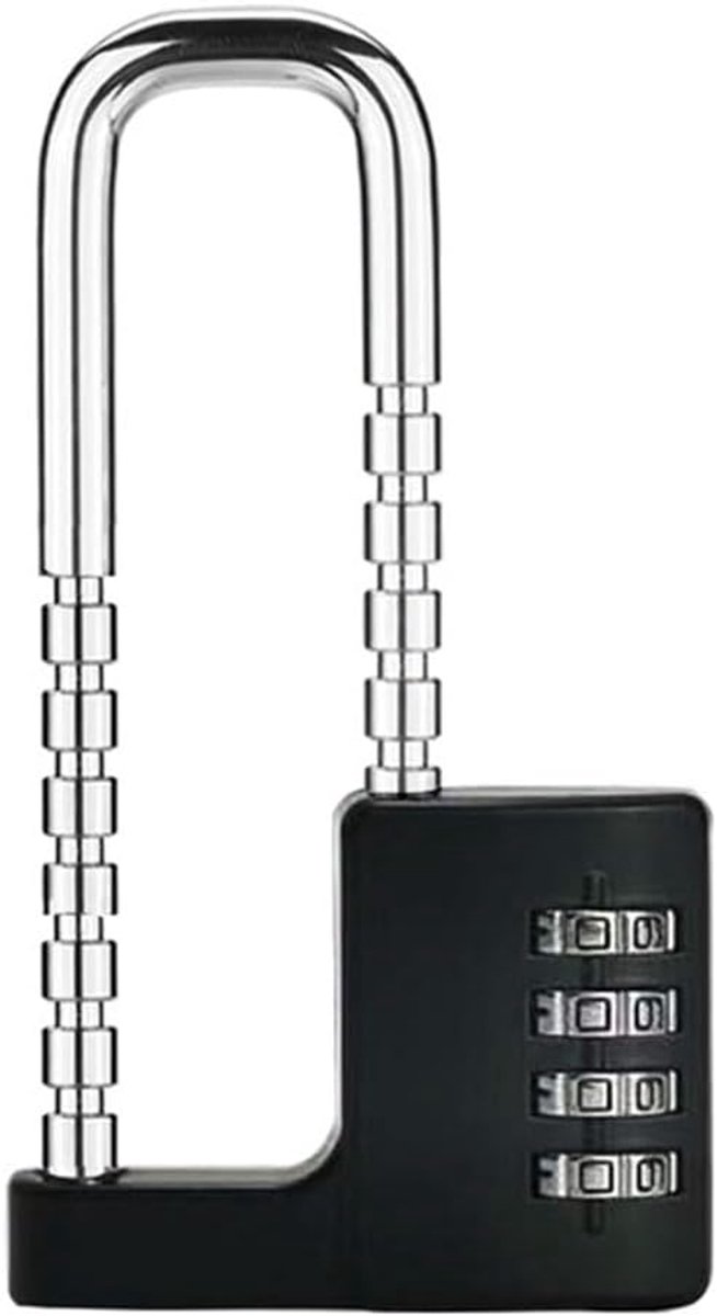 lange beugel, cijferslot, 4-cijferig slot met cijfercode, combinatiehangslot, verstelbaar beugelslot voor school, fitnessstudio, sportkluisjes, omheiningen, zwart