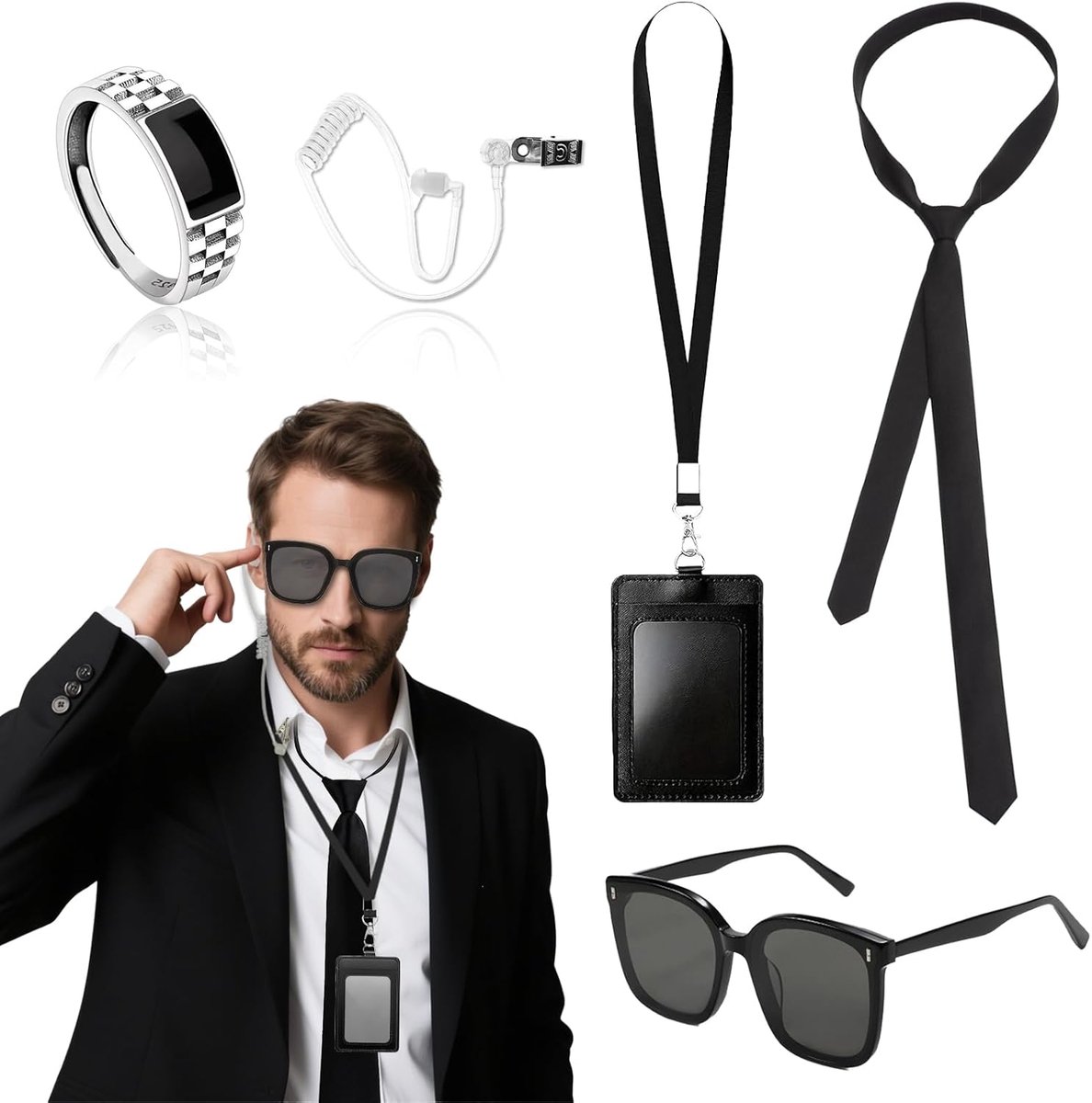5 stuks Agent Accessoires Set Beveiliging Guard Chauffeur Kostuum Accessoires, met stropdas, Kaarthouder, Oortelefoon Buis, Secret Agent Fancy Dress Kit, Dress Up Rollenspel Set, voor