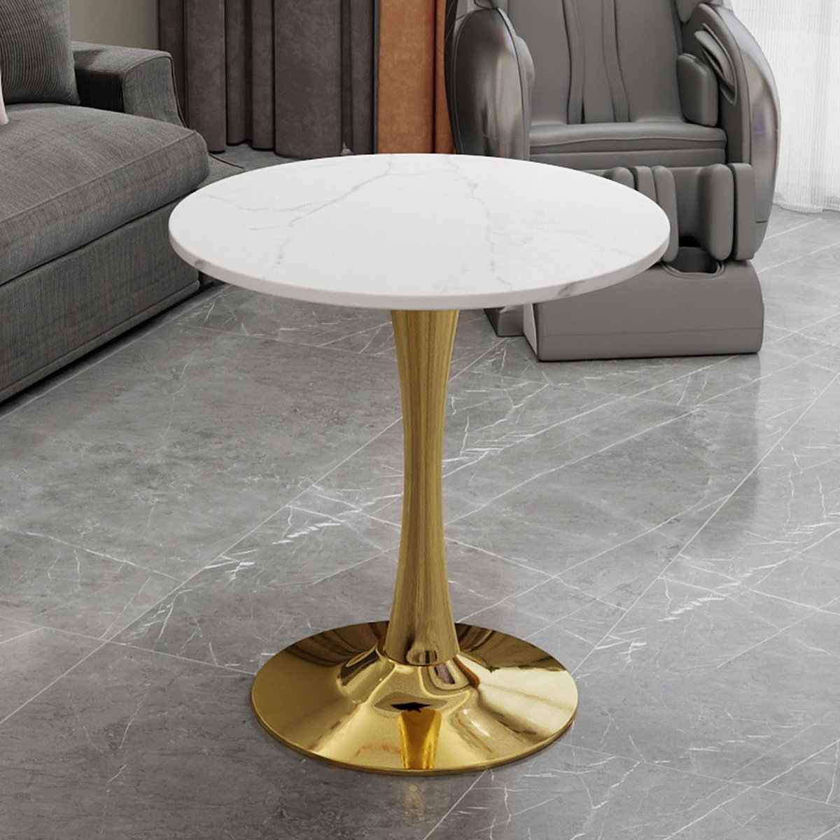 DESMIU Bijzettafel - Ronde Tafel Met Marmerlook Blad - Voor Woonkamer En Eethoek - Kunstmarmer En Metaal - 70 x 70 x 72 Cm - Goud Wit
