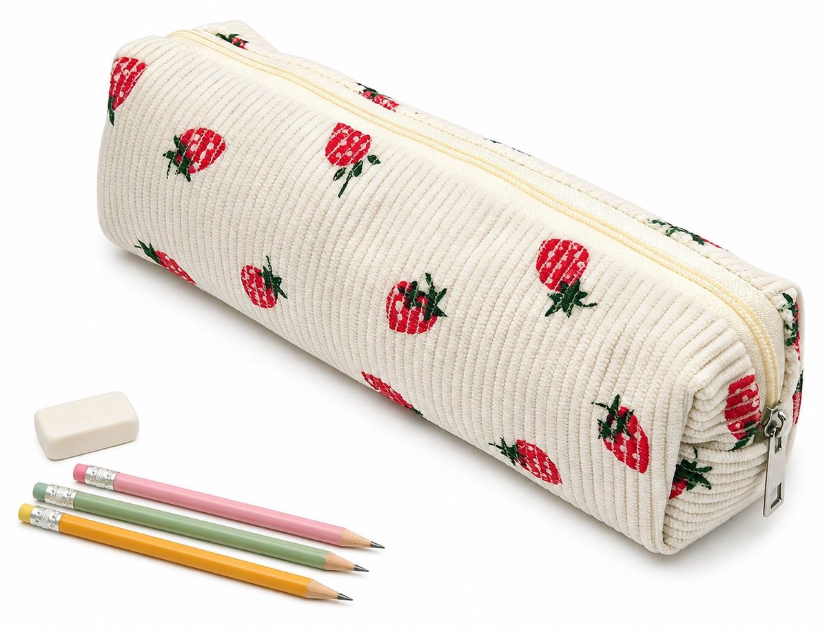 VHV - Corduroy Etui met Aardbei Print - Beige - Esthetische Pennenzak voor Meisjes - Grote Make-up Tas - Schattige Stationery Pouch voor School & Kantoor