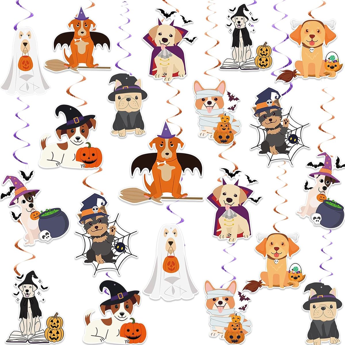Set Van 20 Vlaggenlijn - Halloween Decoratie Swirls Versiering - Spiraaldecoraties - Halloween Slinger - Plafond Decoratie - Feest Versiering - Halloween-Decoratie - Met Puppy-Spookjes en Pompoenen - Feesten met Huisdieren - Woondecoratie