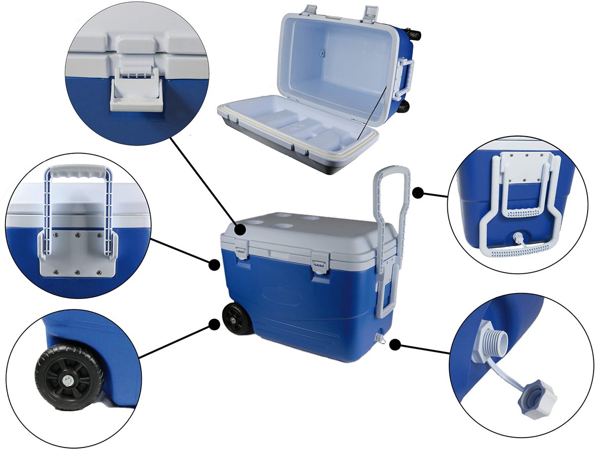 SnelShoppen - Cao 466 Harde koelbox 100 liter, blauwe/witte koelbox voor camping, tuin, feest en buitengebruik, 89 x 43,5 x 43,5 cm