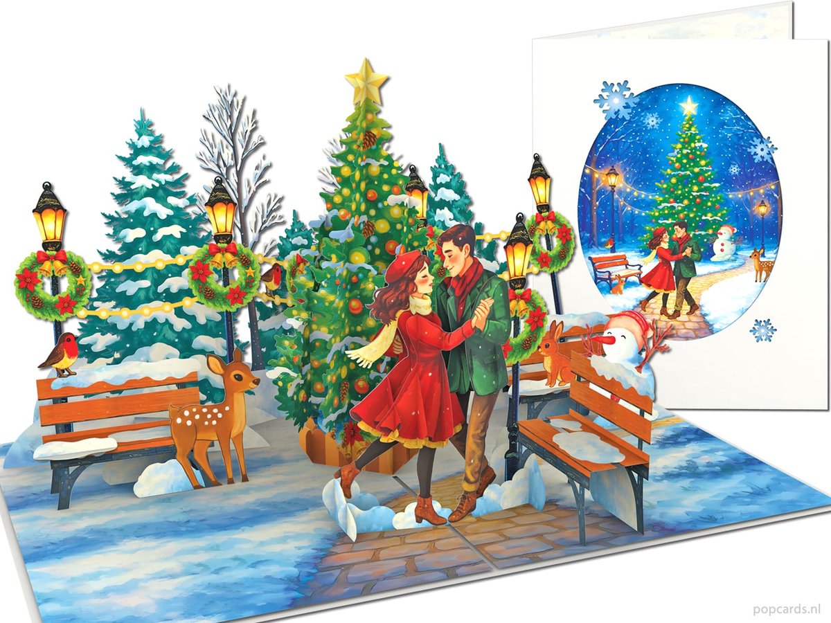 Popcards Pop-up Kaart - Betoverende Romantische Kerstkaart in Winter Wonderland  3D-Kaart Wenskaart (Liefde, Liefdeskoppel, Geluk, Dansen, Feestdagen, Kerst, Kerstdagen)