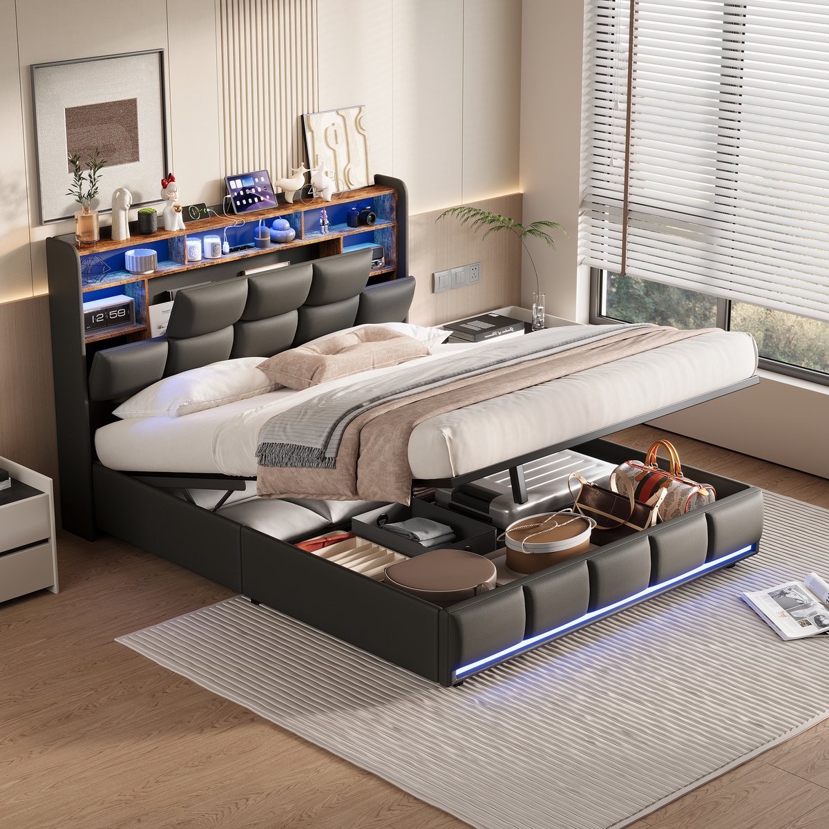 Opbergbed 140x190 cm met ledverlichting en USB-poort, Tweepersoonsbed met hoofdbord, bedframe 140x190 met lattenbodem en opbergruimte, Gestoffeerd PU-materiaal Zwart