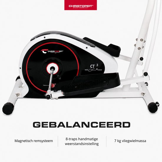 Gedetailleerde weergave van de aandrijving van de witte crosstrainer met rode ring, magnetisch remsysteem en 7 kg vliegwiel.