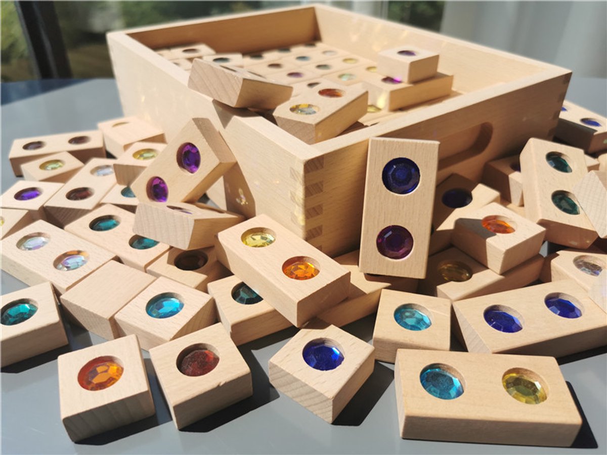 Houten blokken met diamanten - Blokkenset met glitterstenen - 65-Delig - Bouwset - Vanaf 2 jaar - Open einde speelgoed - Educatief montessori speelgoed