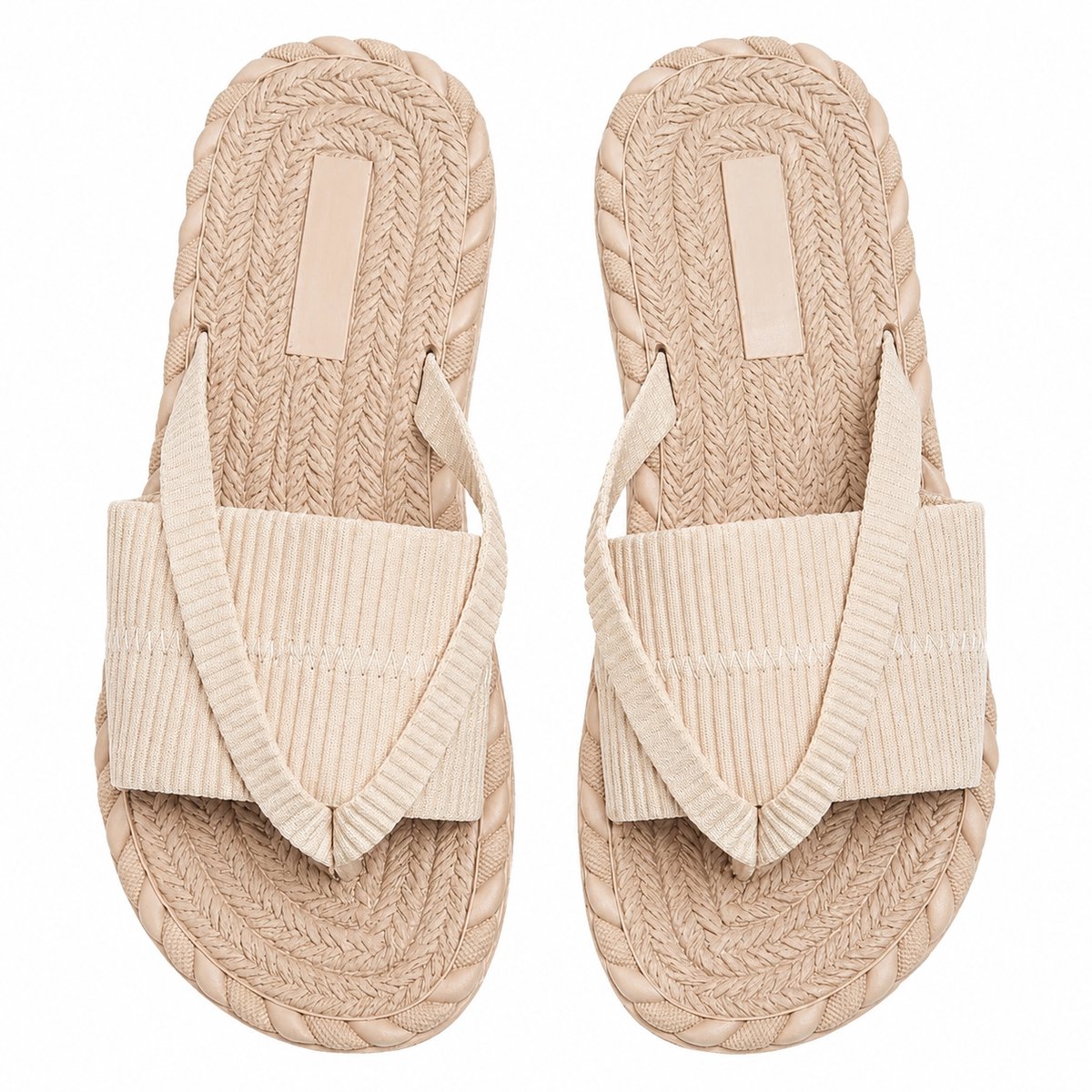 Beige teenslippers dames met gekruiste stoffen band – lichtgewicht slippers met gevlochten zoolrand, casual zomerschoenen, open teen, EVA zool, maat 38