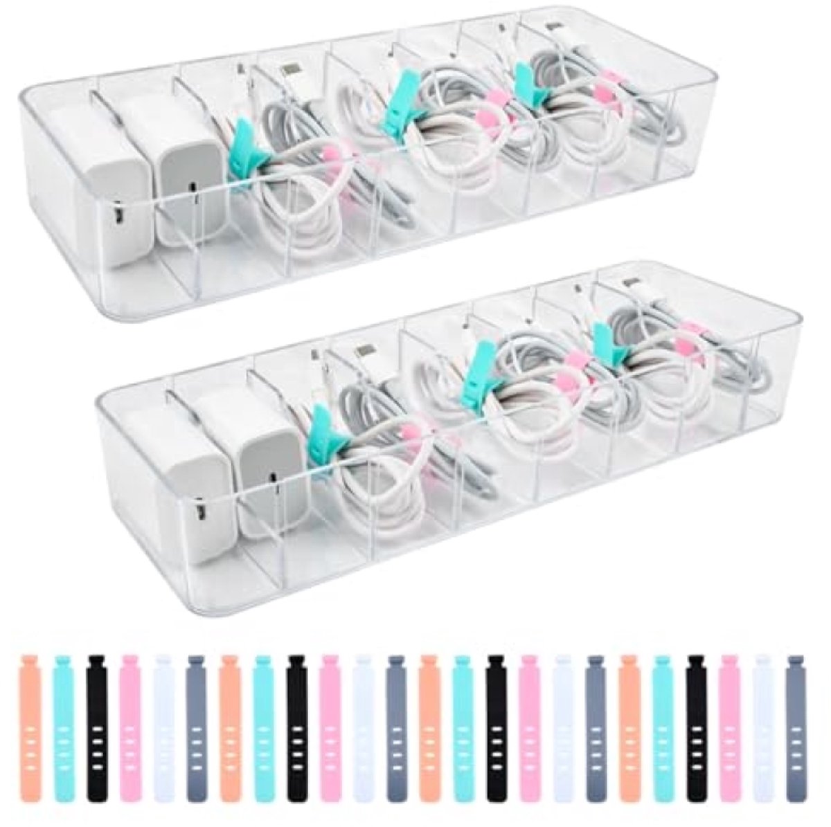 Huis Geluk 2 stuks kabelopbergdozen met deksel - Kabelorganizer transparant - Inclusief 24 kabelbinders en 7 verstelbare vakken - Kabelsorteerdoos