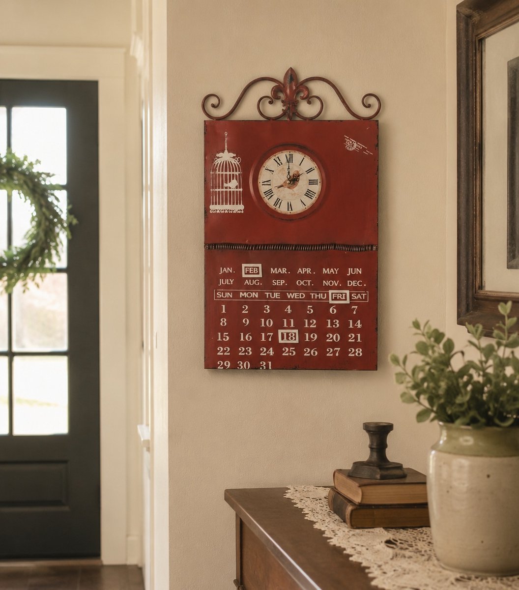 Metalen wandkalender met klok – antiek rood – 41 × 68 × 4 cm