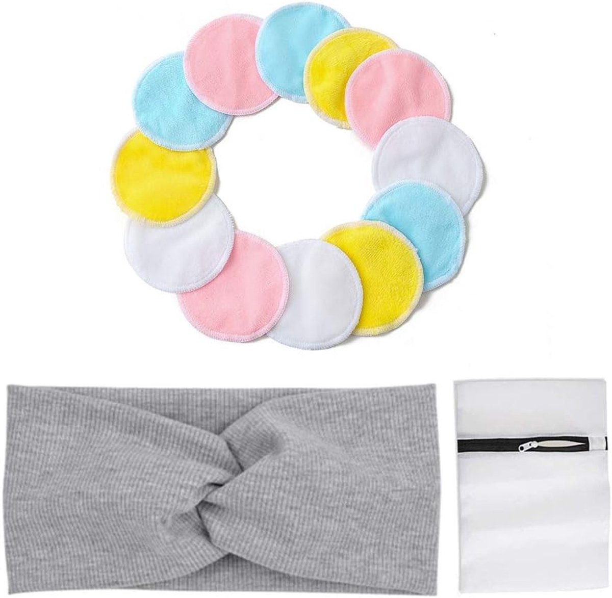Herbruikbare Make-up Verwijder Pads - 12 Stuks Katoenen Reinigingsdoekjes met Haarband en Waszak, Geschikt voor Gezicht, Ogen en Lippen voor Dames en Heren
