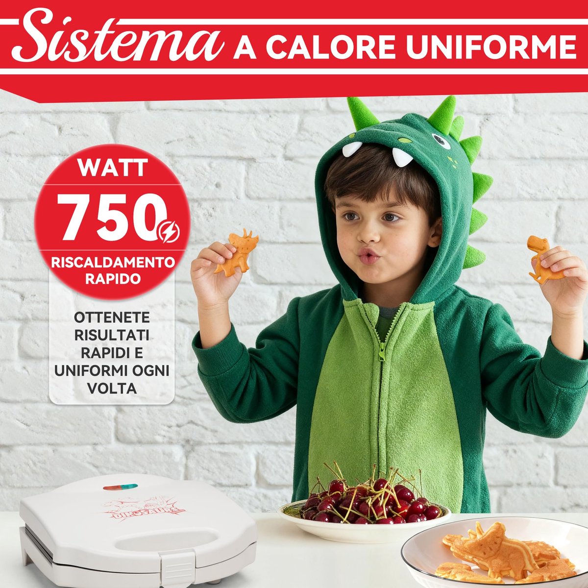 SnelShoppen - Mini wafelijzer met dino-motief voor kinderen, schattig klein wafelijzer in het wit met 8 verschillende dinosaurusmotieven voor het bakk