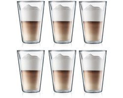 Bodum Dubbelwandige Latte Macchiato Glazen Canteen – 400 ml – 6 Stuks – Grote Glazen van Hittebestendig Borosilicaatglas – Met Gepatenteerd Ventiel voor Veilig Drukbeheer – Dubbelwandig, Vaatwasser- en Magnetronbestendig – Voor Warme & Koude Dranken