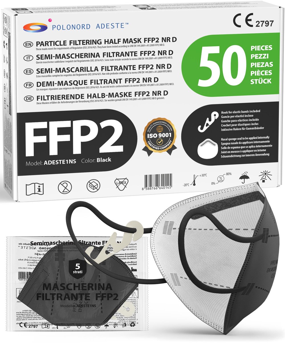 SnelShoppen - 50 Zwarte FFP2 NR D Maskers, Gecontroleerde Levering, Comfortabele Elastieken, Hypoallergeen, Verstelbaar, EFB 99,5%, Individueel Verpak