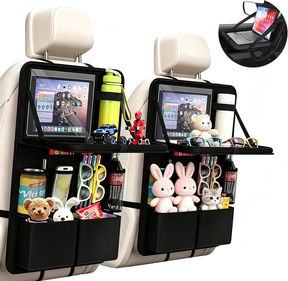 SnelShoppen - Set van 2 Auto-Organizers met Afneembare Klaptafel, 62 x 42 cm, Achterbankorganizer voor Kinderen en Volwassenen, 11 Vakken + Touchscree