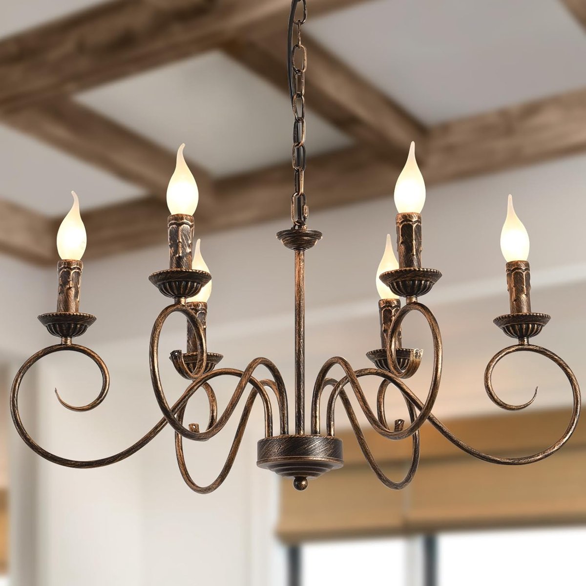 SnelShoppen - Vintage Landelijke Hanglamp, Verstelbare Hoogte IJzeren Kandelaar, 6 Lampen E14 Klassiek Brons, Perfect voor Keuken, Eetkamer, Woonkamer