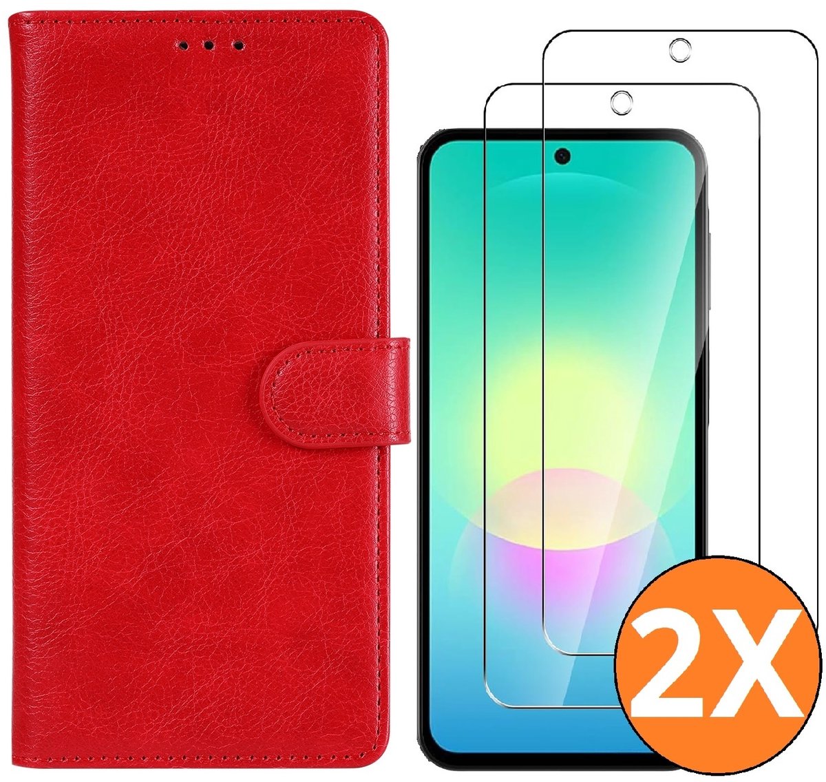 Hoesje geschikt voor Samsung Galaxy A27 5G Hoesje Rood met Pasjeshouder + 2x Screenprotector Tempered Glass – Schokbestendige Wallet Telefoonhoes