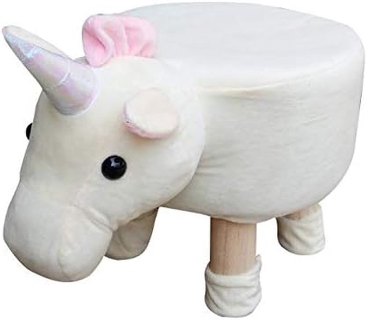 Pouf Eenhoorn - Zitje Kinderkamer - Spelen en Rusten - Houten Poten - Rond - Wit