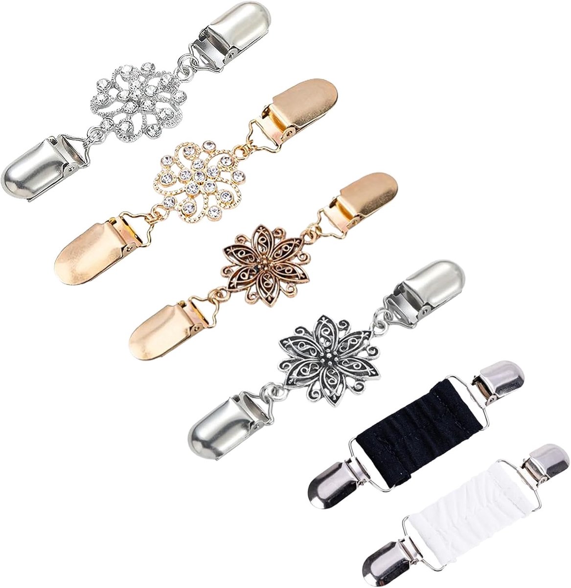 6 stuks cardiganclips, truiclips, jurkclip, taille-cinch, sjaalclips, sluitingen voor truien, jurken, gebreide vesten, overhemden, sjaals, doeken, twee modellen, drie kleuren