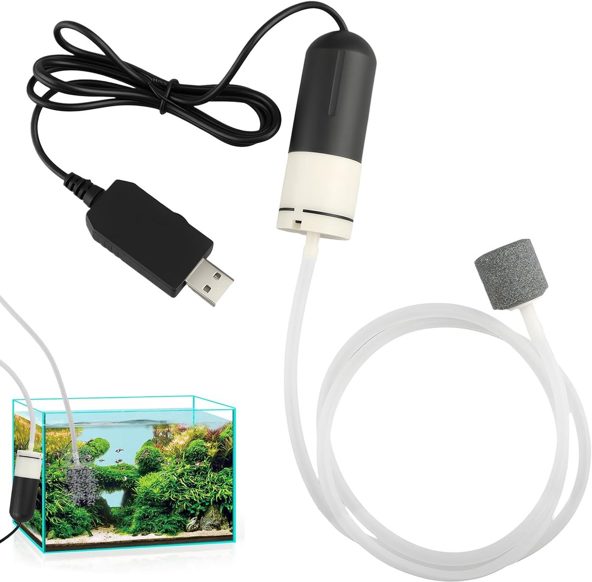 USB-aquariumluchtpomp stil zuurstofpomp met luchtsteen | voor vissen transport stroomuitval energiebesparende vistank-beluchter draagbaar siliconen slang bevestiging kleine Acuariosc