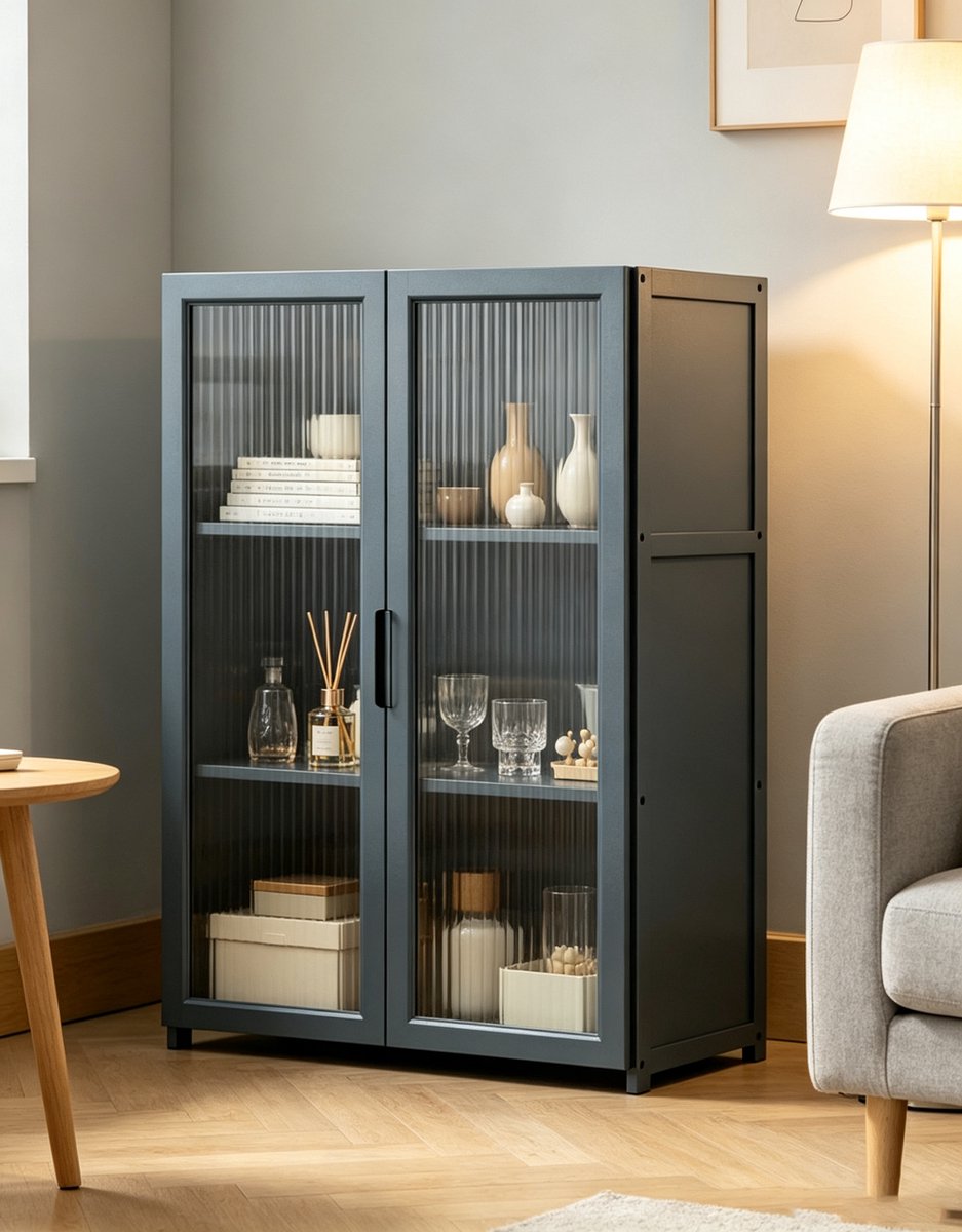 Vrijstaande opbergkast met drie niveaus en glazen deuren geschikt als opbergkast voor keukengerei multifunctionele servieskast/vakkenkast afmetingen 60*30*78 cm