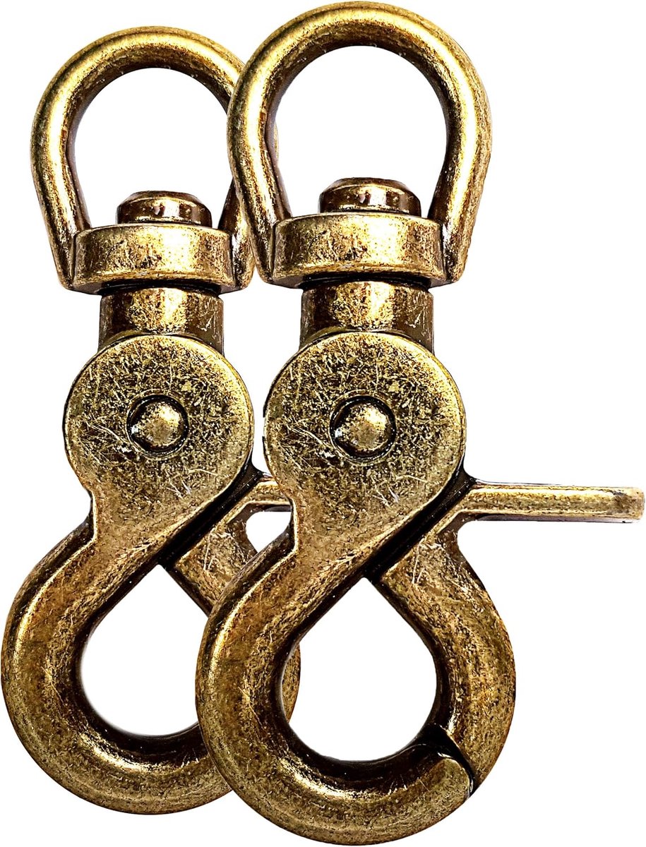 schaar-karabijnhaak met 360° draaikop en draai-scharnier voor hondenriem of halsband, 2 stuks gelegeerd staal 61 mm, opening 13x12 mm, ook voor Paracord 550 en sleutelbos, goud-look antiek