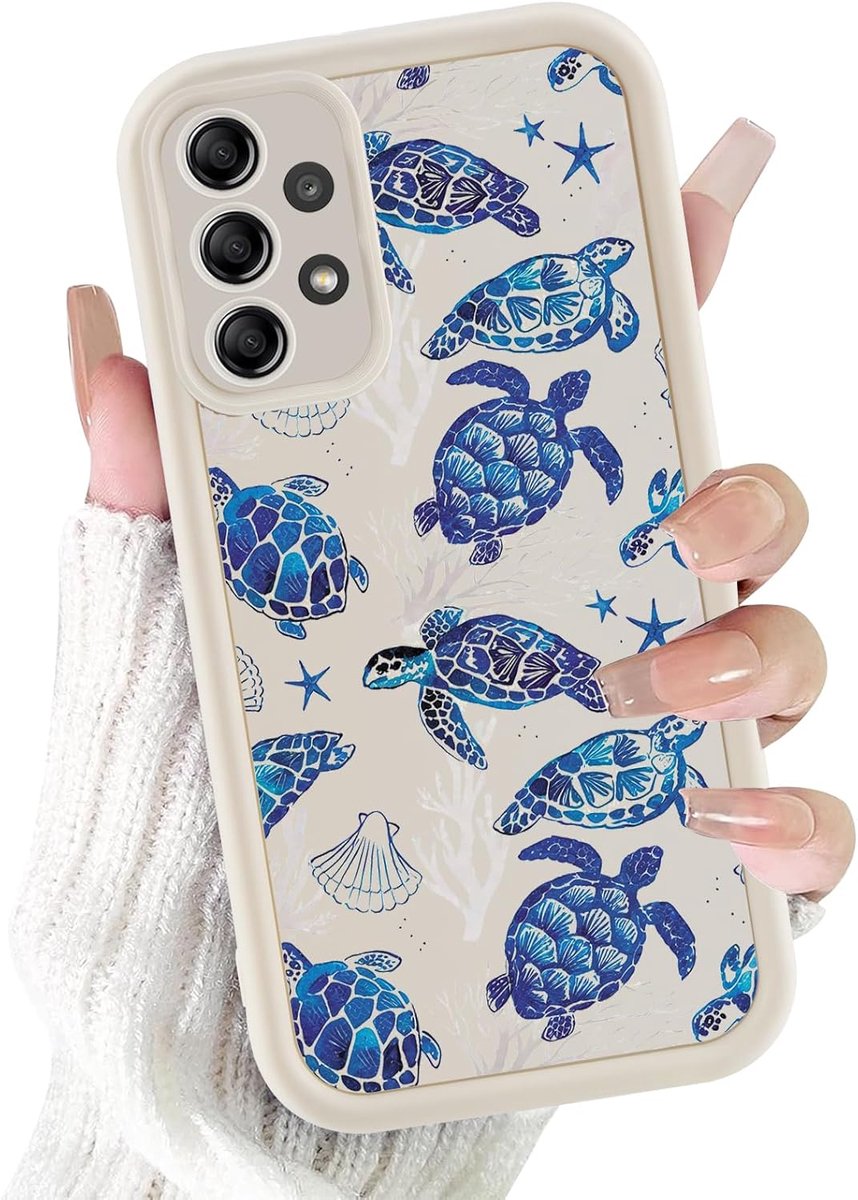 Beschermhoesje voor Samsung Galaxy A13 4G (6,6 inch), esthetisch, blauw, schildpad, tekening, motieven, zacht, wit, TPU-siliconen, schokbestendig, camerabescherming, voor dames en meisjes