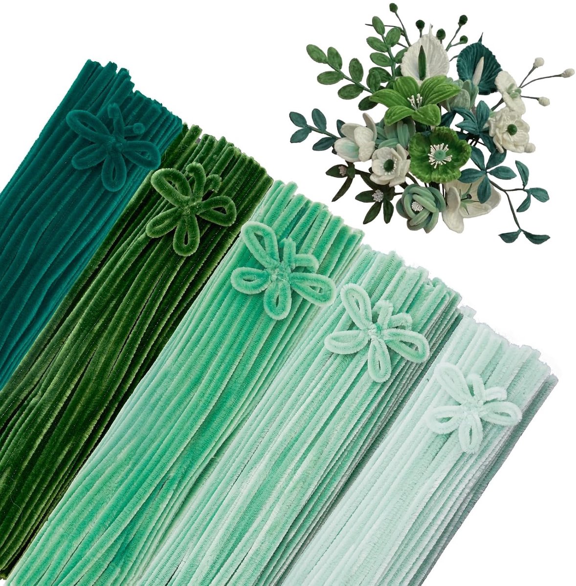 500 Stuks Pastel Groen Chenilledraad 30 cm Lang en 8 mm Dik, Kleurrijke Pijpenragers Set voor Knutselen, 5 Kleuren voor DIY Bloemen & Feestversieringen