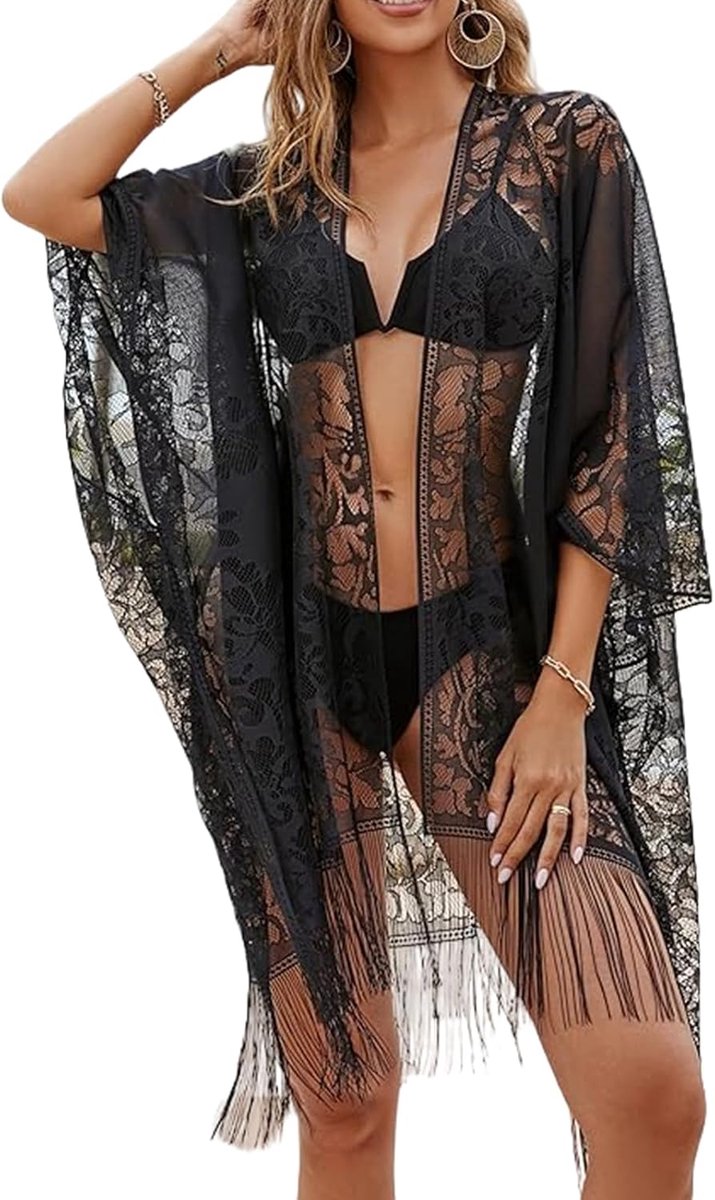Badpak van kant voor dames, strandkimono met lange mouwen, bikini cover-up strandjurk, transparant, voor vakantie en feest