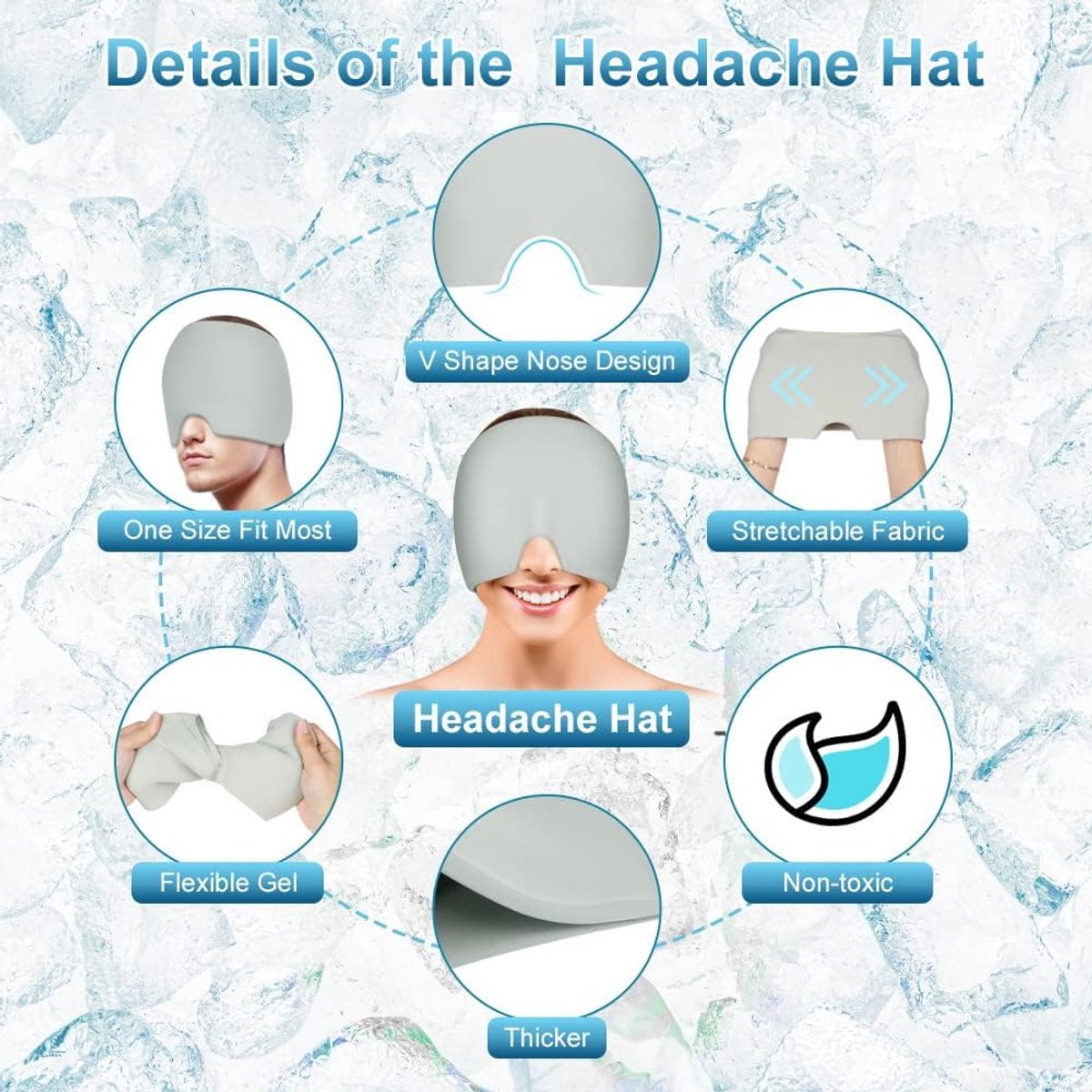 Migraine Relief Cap, Herbruikbare Cold Hot Therapie Migraine en Hoofdpijn Relief Cap, Enkelzijdige Gel Ice Hot Head Wrap voor Chronische Migraine, Spanningshoofdpijn, sinusstress, gezwollen ogen
