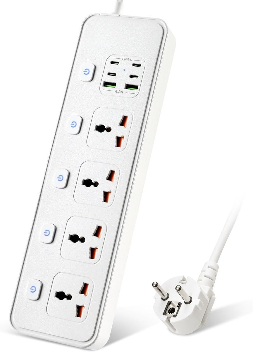 Verlengkabel met USB-sleuven, 4-weg stopcontacten met 4 USB-C-poorten en 2 USB-poorten, 3250 W enkele schakelaar, 1,8 m verlengkabel met beschermde netstrips, EU multi-plug-adapter, wit