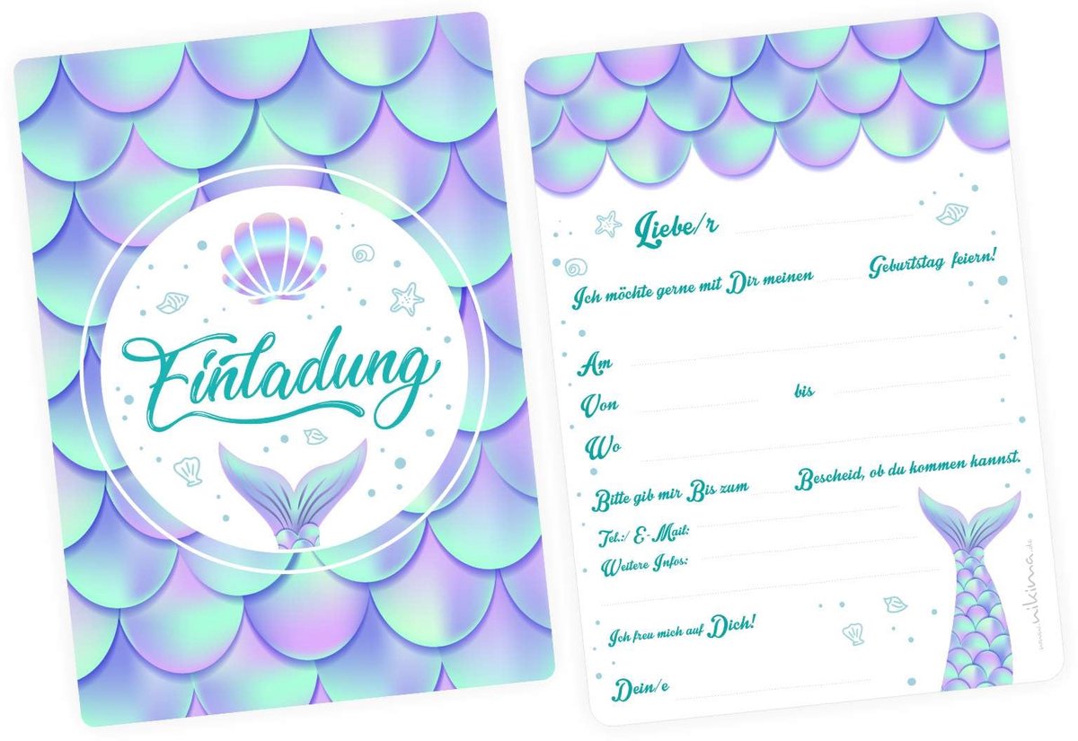 Dailygoods - 5 Zeemeermin Uitnodigingskaarten met Glitter incl. 5 Transparante Enveloppen