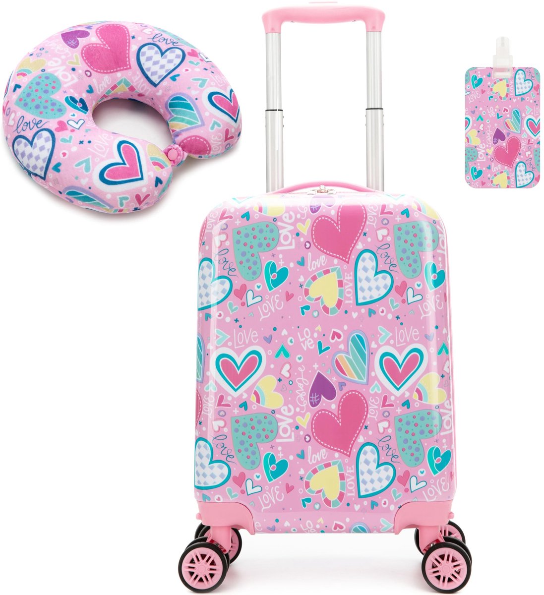 Dailygoods - Kindersuitcase Met Reis Kussen - A-Pink Heart M