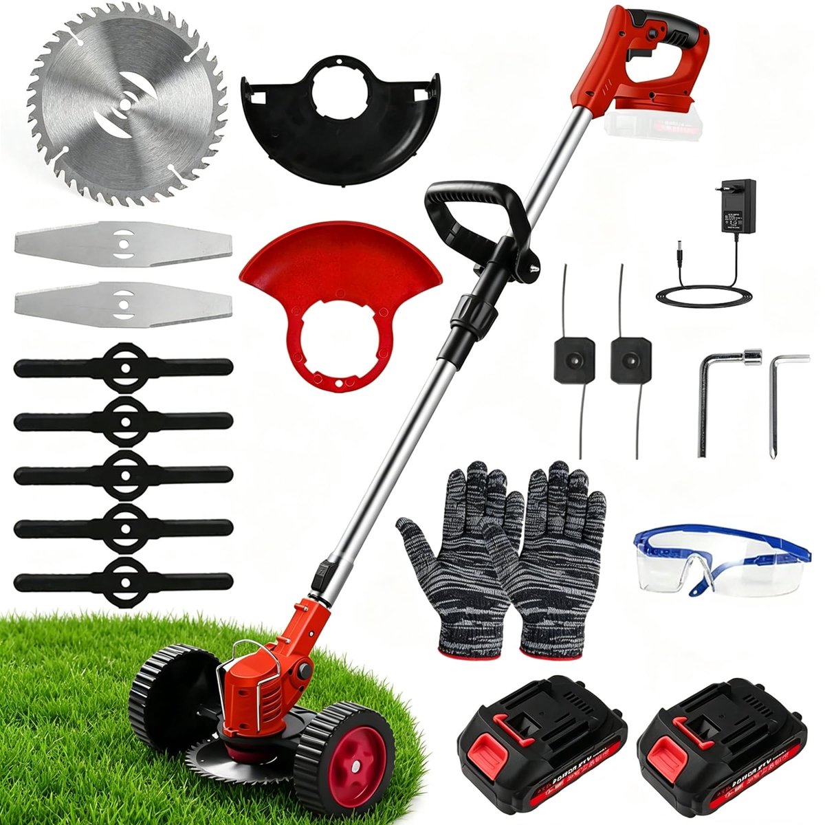 SnelShoppen - Draadloze Grastrimmer Accu, Multifunctionele Bosmaaier met 2 x 1500mAh Accu, Elektrische Tuintrimmer met Wielen voor Snoeien van Tuinen,