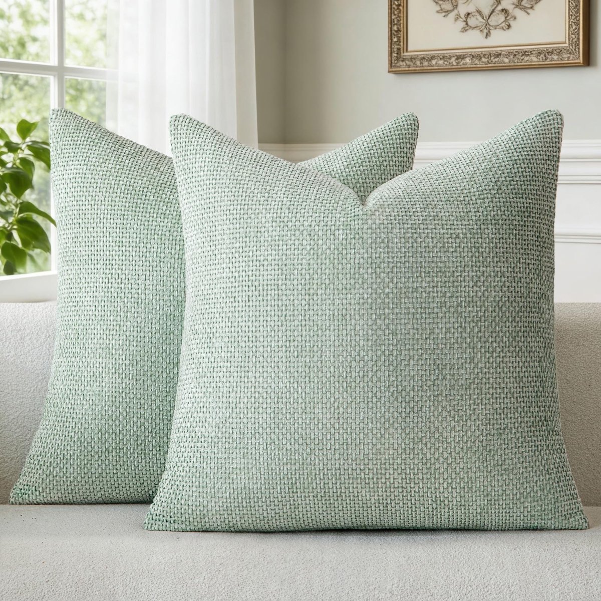 Dailygoods - Chenille Kussenhoezen Set van 2, Lichtgroen 45 x 45 cm, Wasbaar en Fluffy Decoratief