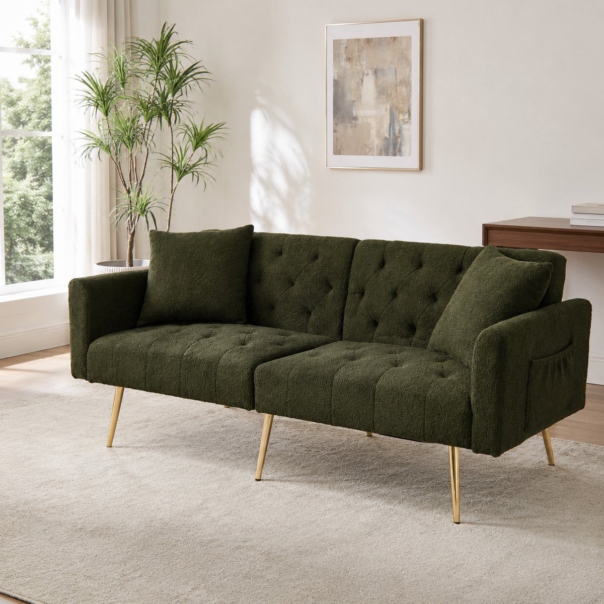 COVREO Slaapbank 177x78x74 cm groen pluche stof met 3 standen rugleuning en 2 kussens